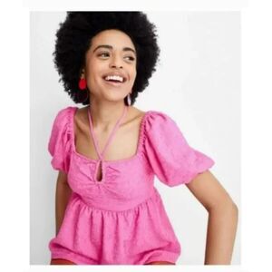 214 Pink Textured Puff Sleeve Babydoll Top Tie Front, Open Back, Feminine Blouse
